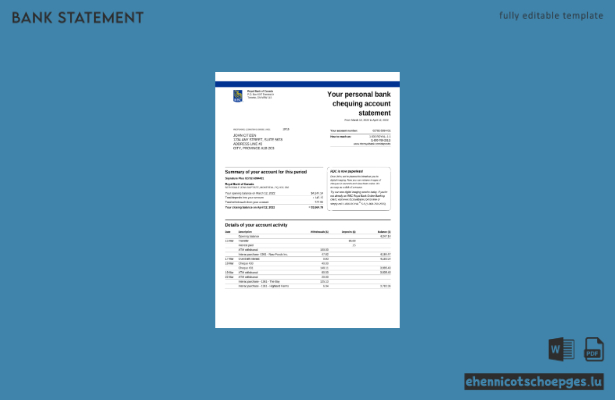 Kontoauszug der Royal Bank of Canada (RBC), Word-Version 3, Beispielvorschau